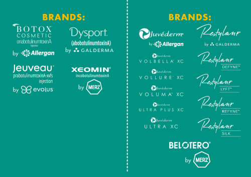 Brands of Neuromodulators, injectables, and dermal fillers infographic photo for Cosmetic Laser Dermatology in San Diego. Brands include: Botox Cosmetic, Dysport, Jeuveau, Xeomin, Juvederm, Volbella, Restylane, and more.