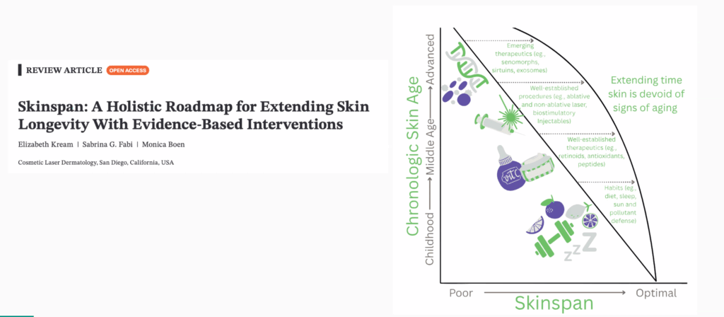 Clip of Skinspan article as well as a graph showing the correlation between lifestyle choices and skin health over time.
