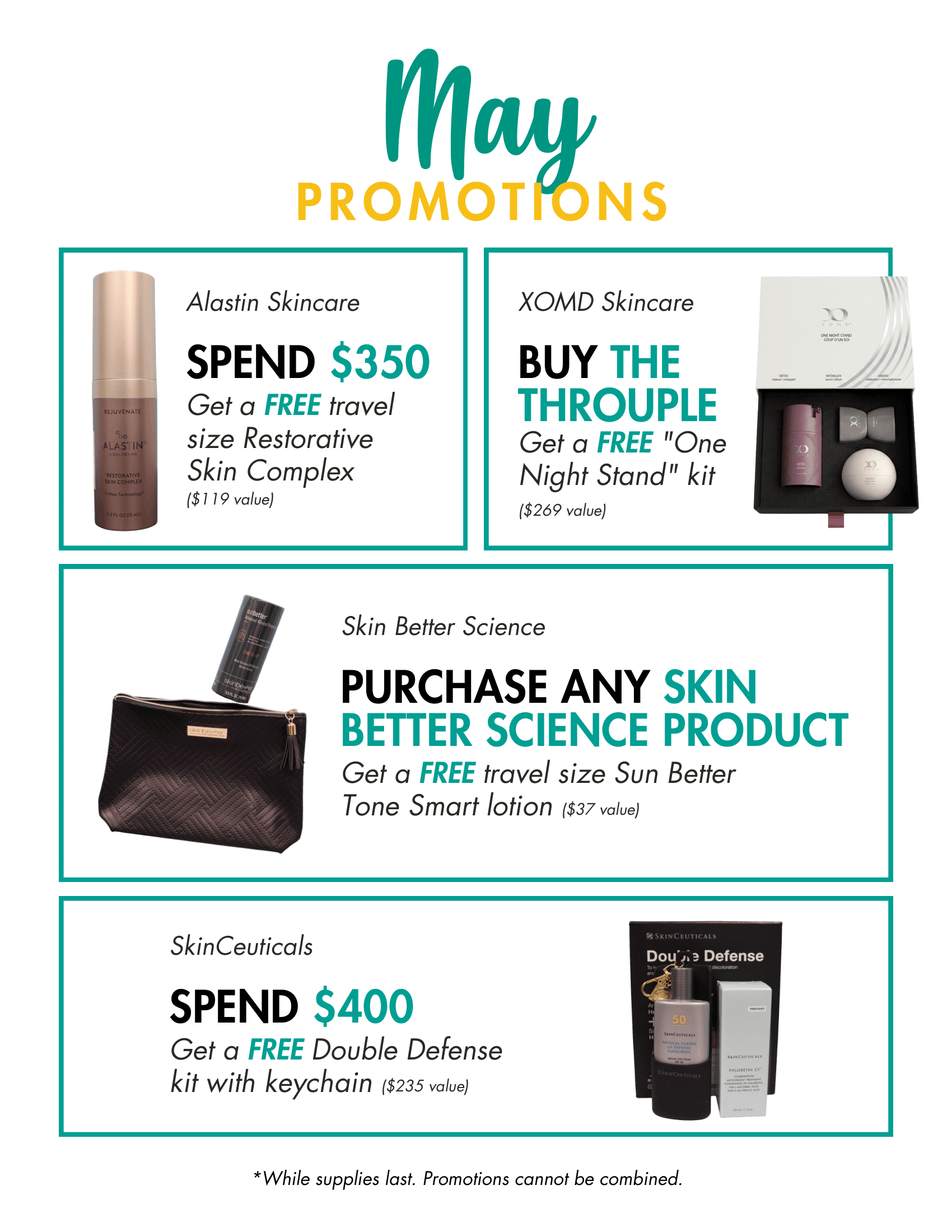 May Skincare Promotions counter card. Call for more info!