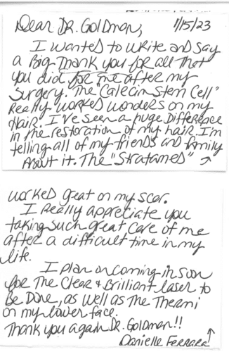 Thank you card for Dr. Mitchel Goldman 'Dear Dr. Goldman, 1/15/23. I wanted to write and say a big thank you for all that you did for me after my surgery. The 